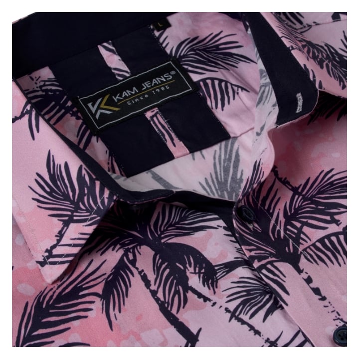KAM Short Sleeve Palm Print Shirt PINK KBS6078