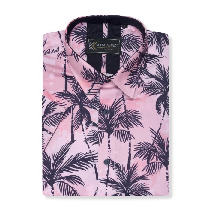 KAM Short Sleeve Palm Print Shirt PINK KBS6078