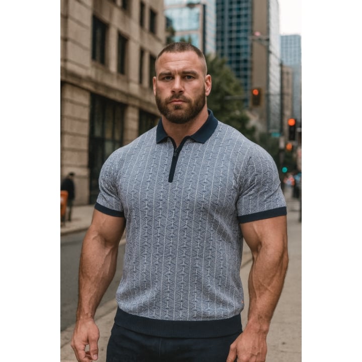D555 PERRY Big Mens Jacquard Knitted Polo Shirt with Quarter Neck Zip