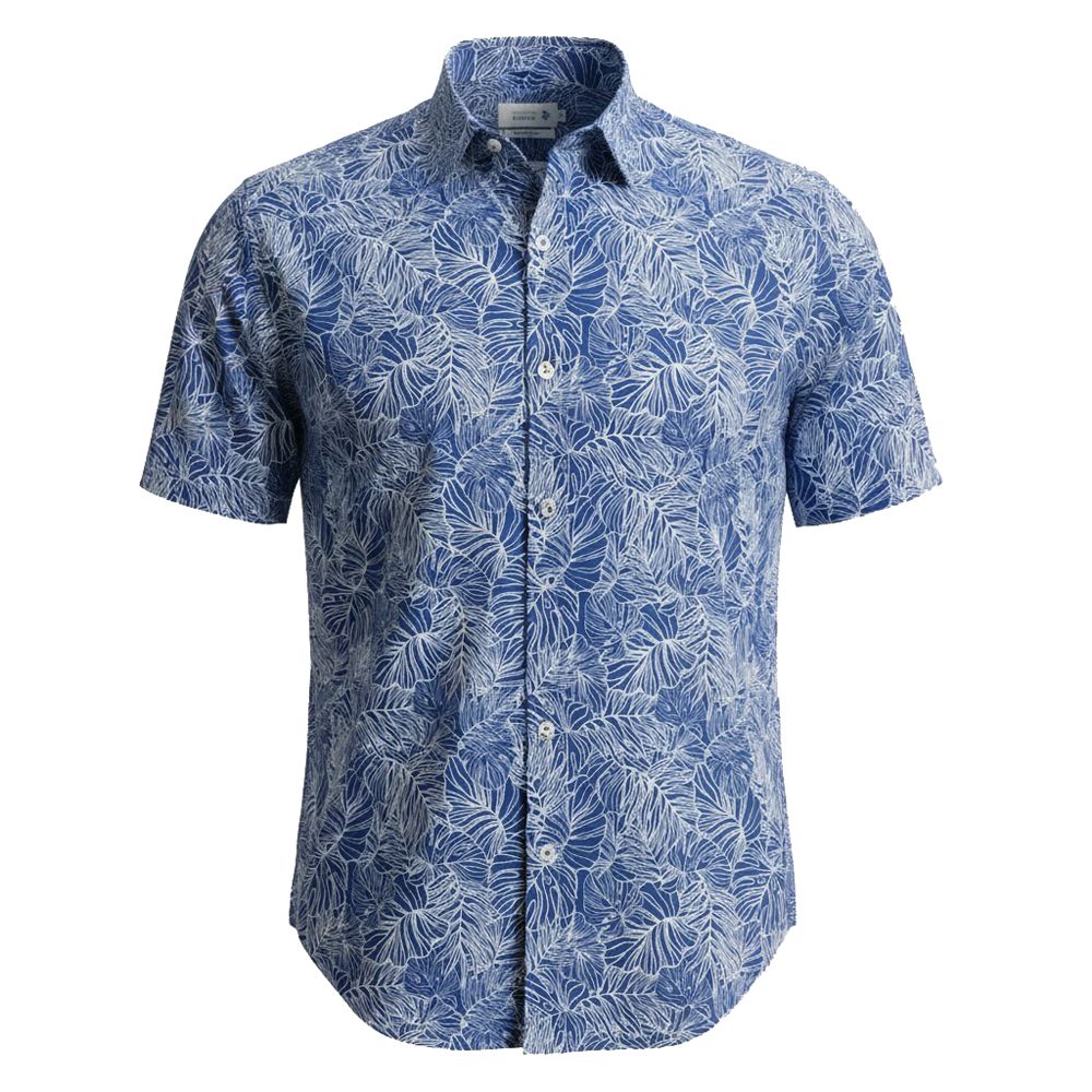 DOUBLE TWO Lifestyle Leaf Print Cotton Shirt BLUE DTLS1312