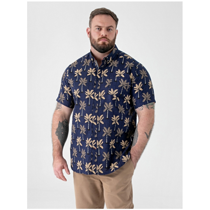 D555 DAVEY AO Patterned Jacquard Short Sleeve Cotton Shirt Navy