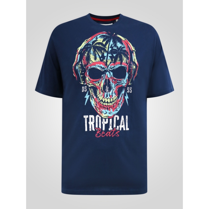 D555 LINTON Tropical Skull Printed Crew Neck T-Shirt NAVY