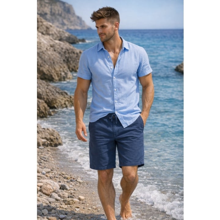 KAM Stretch Cotton Linen Shorts Navy KBS3405