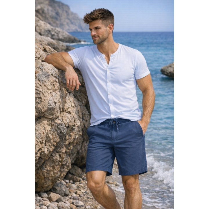 KAM Stretch Cotton Linen Shorts Navy KBS3405