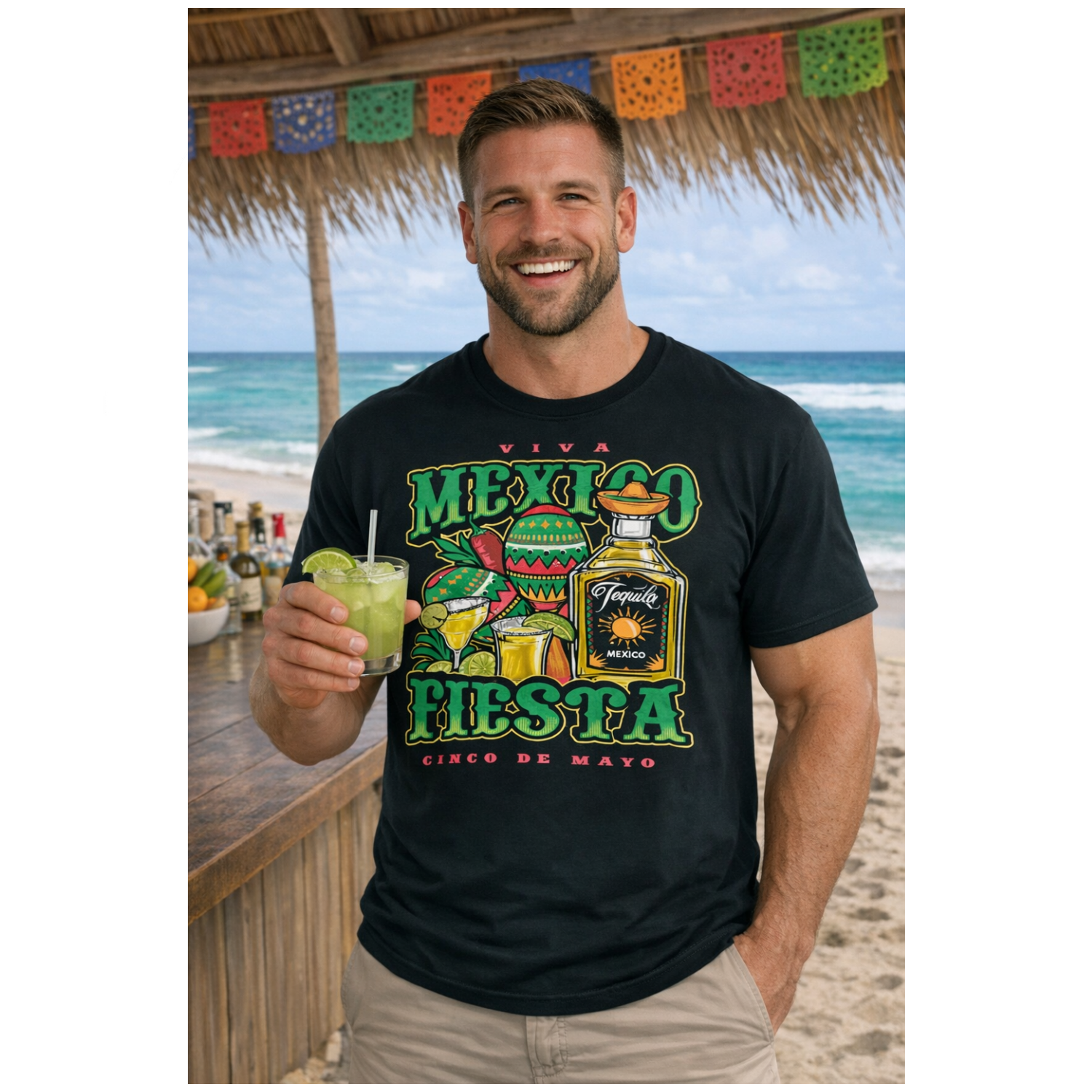 2 - 8XL ESPIONAGE Mexico Fiesta Print Tee BOTTLE GREEN