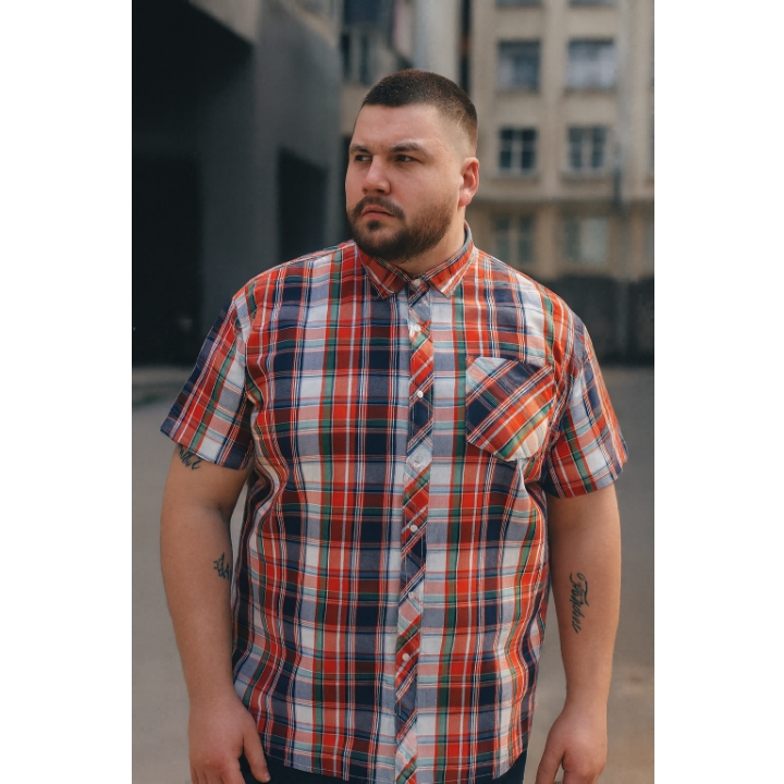 ESPIONAGE Short Sleeve Check Shirt SH443 NAVY CORAL WHITE