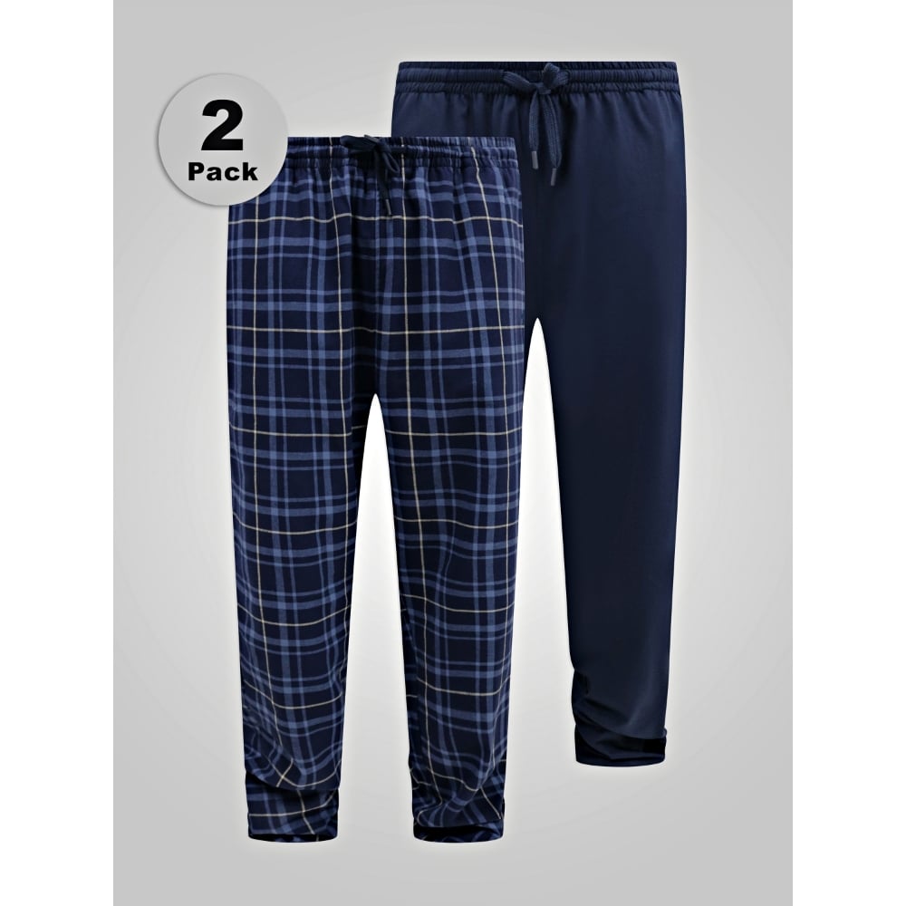 D555 Big Mens Loungewear Pyjama Trousers 2 Pack Navy Check and Plain MARVIN