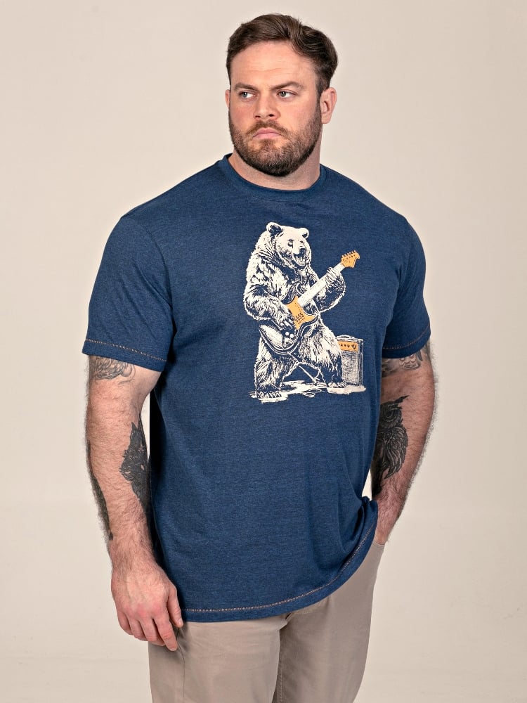 D555 MORLEY Bear With Electric Guitar Printed Crew Neck T-Shirt NAVY