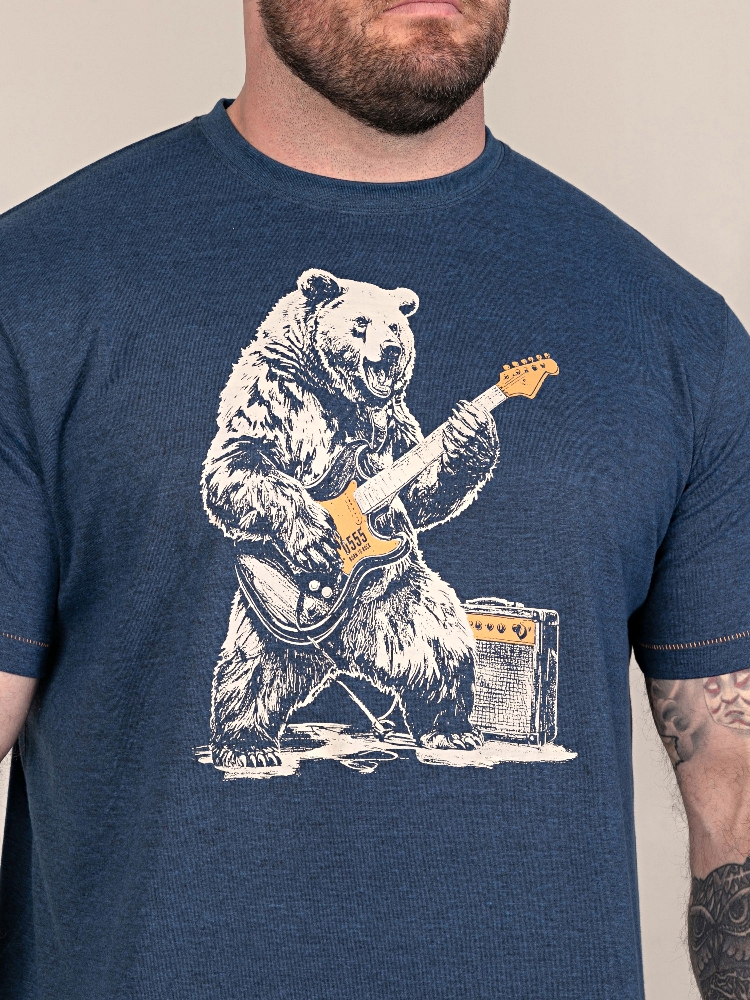 D555 MORLEY Bear With Electric Guitar Printed Crew Neck T-Shirt NAVY