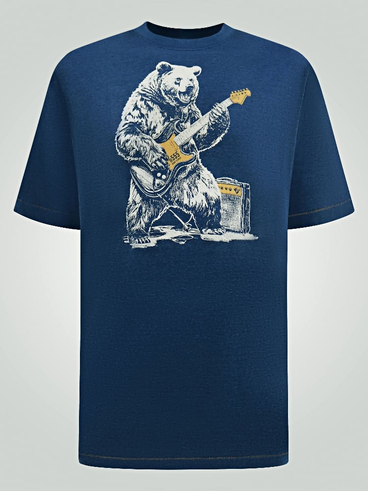 2XL to 8XL D555 MORLEY Bear With Electric Guitar Printed Crew Neck T-Shirt NAVY -