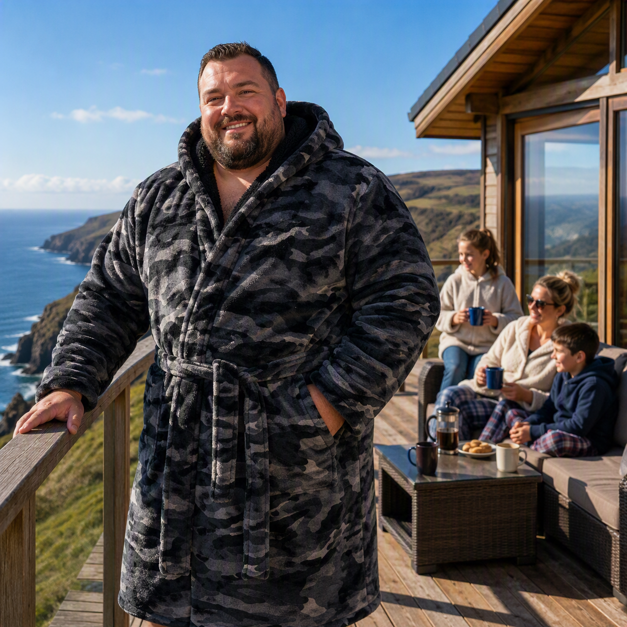 ESPIONAGE Hooded Camo Fleece Gown PJ159 is available in Big Sizes for men up to 6XL / 64″ Chest.