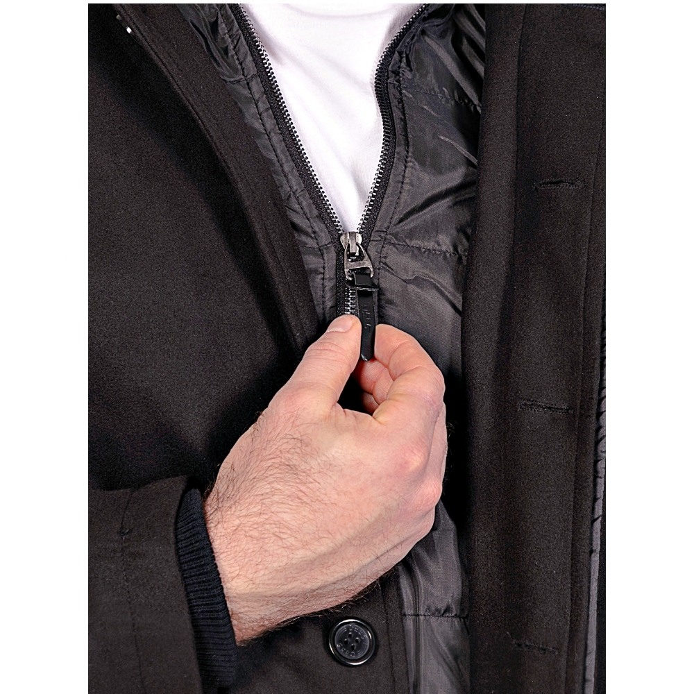 D555 ELTON Melton Overcoat with mock Zip Thru Quilted Centre Panel BLACK - The D555 Men's 'Elton' Melton Overcoat Jacket in black