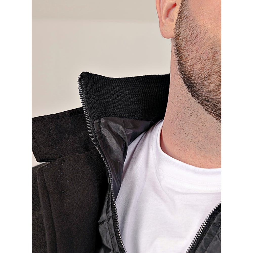 D555 ELTON Melton Overcoat with mock Zip Thru Quilted Centre Panel BLACK - The D555 Men's 'Elton' Melton Overcoat Jacket in black