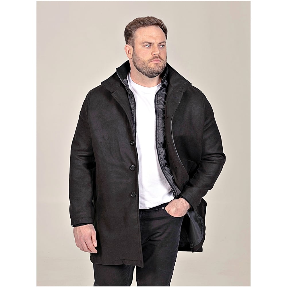 D555 ELTON Melton Overcoat with mock Zip Thru Quilted Centre Panel BLACK - The D555 Men's 'Elton' Melton Overcoat Jacket in black