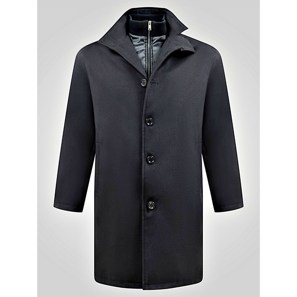 D555 ELTON Melton Overcoat with mock Zip Thru Quilted Centre Panel BLACK - The D555 Men's 'Elton' Melton Overcoat Jacket in black