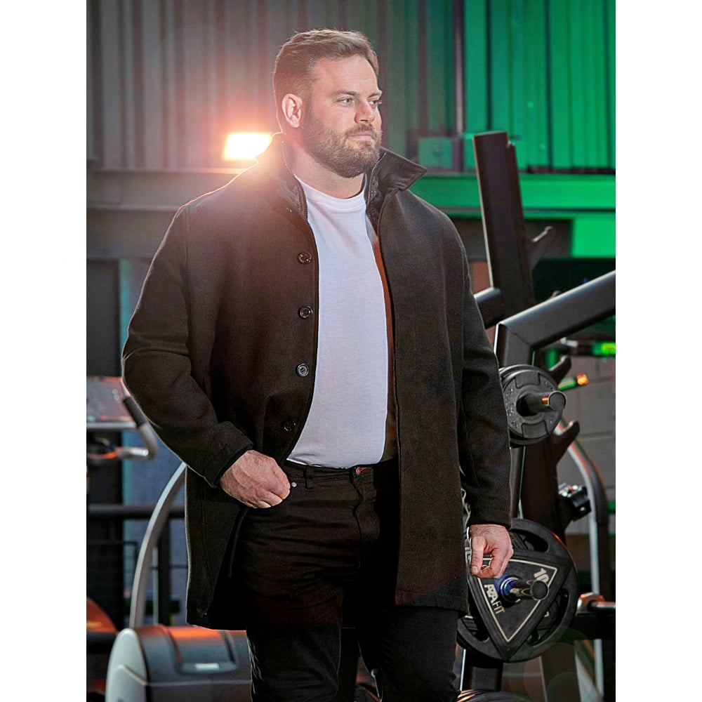 D555 ELTON Melton Overcoat with mock Zip Thru Quilted Centre Panel BLACK