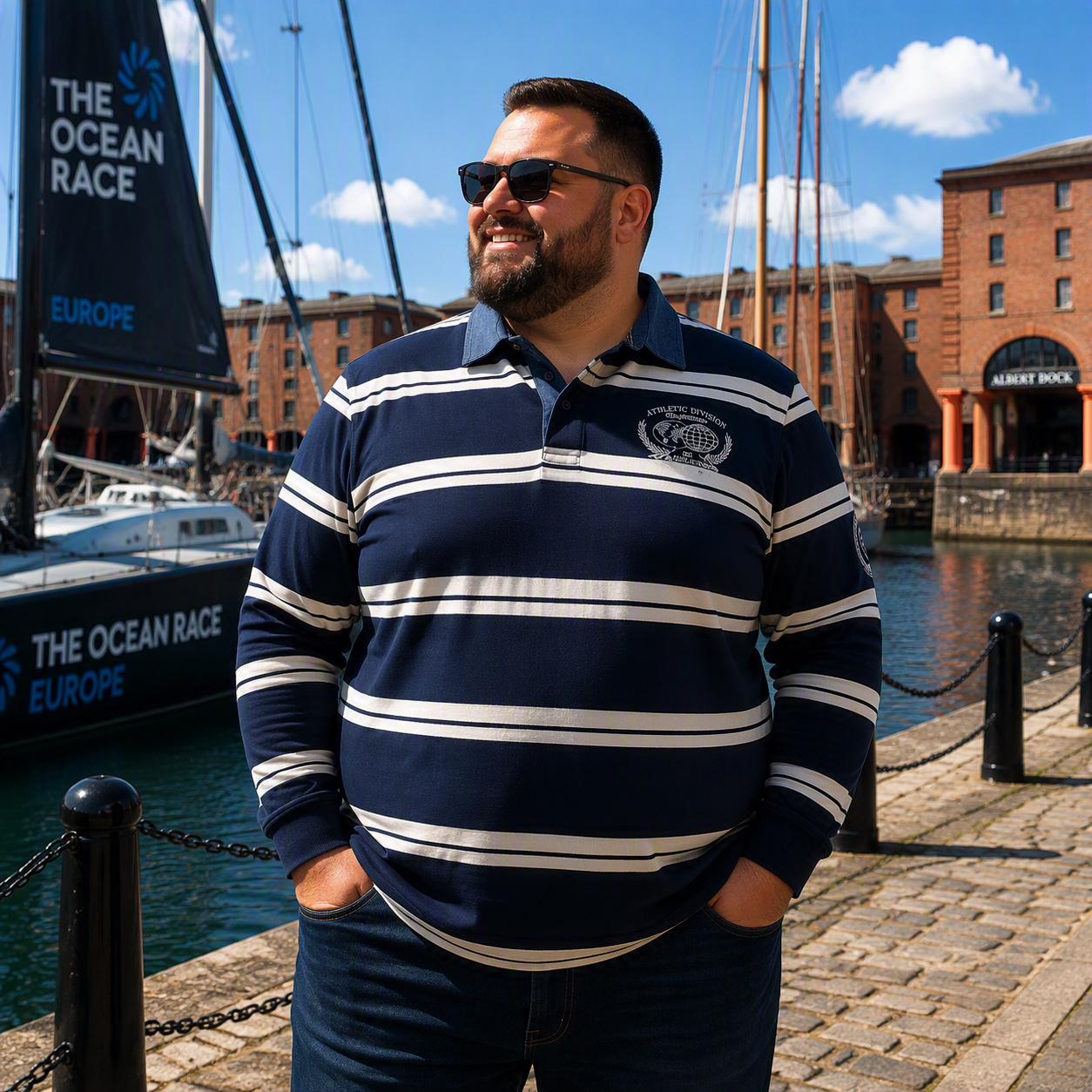 2XL to 8XL KAM Long Sleeve Multi Stripe Rugby Polo NAVY KBS5561