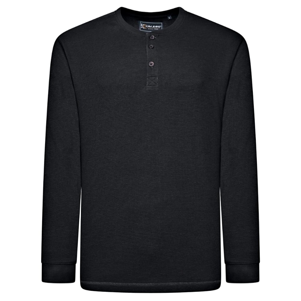 KAM Long Sleeve Waffle Henley Top BLACK KBS5834