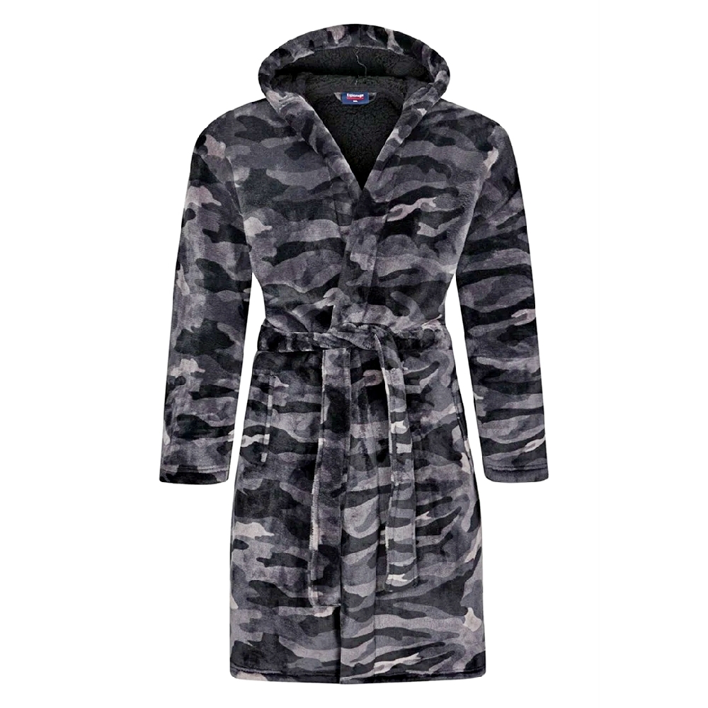 ESPIONAGE Hooded Camo Fleece Gown PJ159 is available in Big Sizes for men up to 6XL / 64″ Chest.