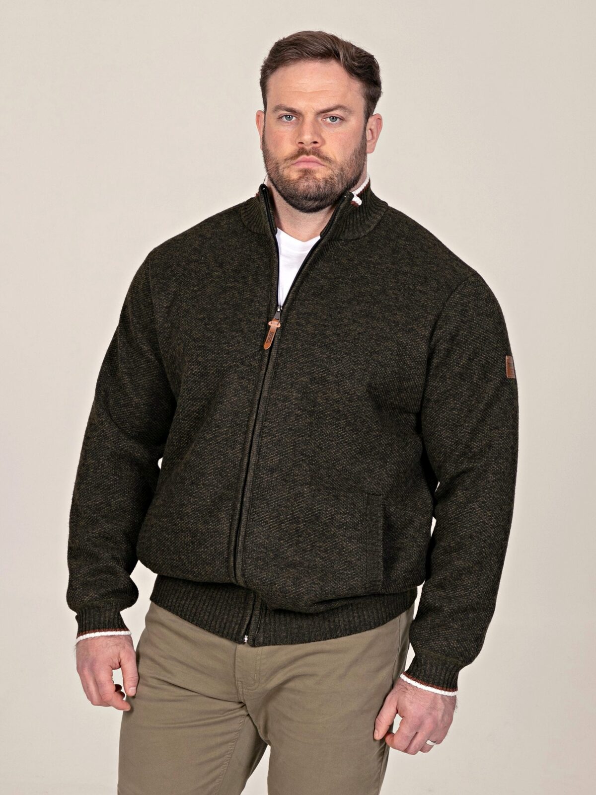D555 Big Knitted Zip Through with Bonded Check Lining KHAKI CESAR 802004