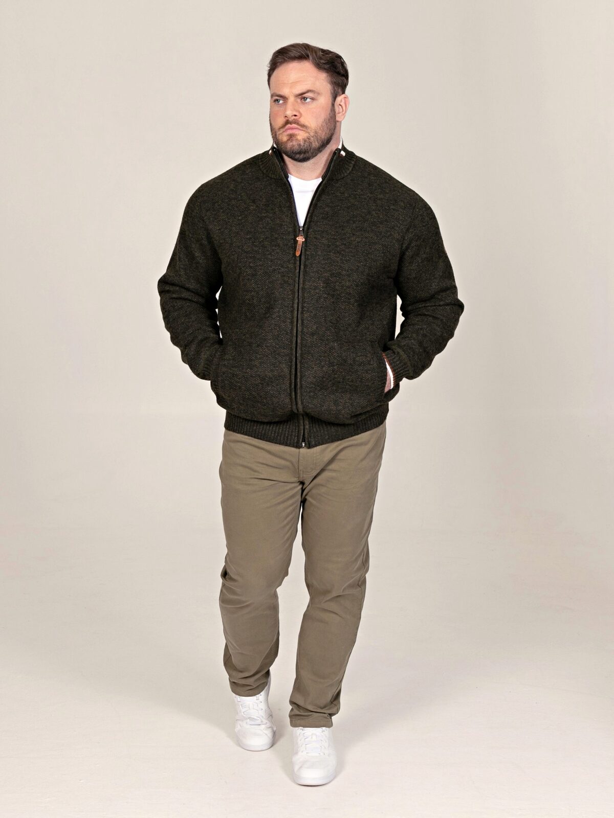 D555 Big Knitted Zip Through with Bonded Check Lining KHAKI CESAR 802004