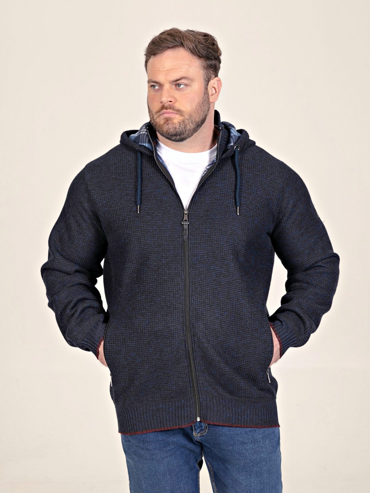 D555 Knitted Hoody with Bonded Fleece Check Lining and Zipped Lower Pockets RUPERT