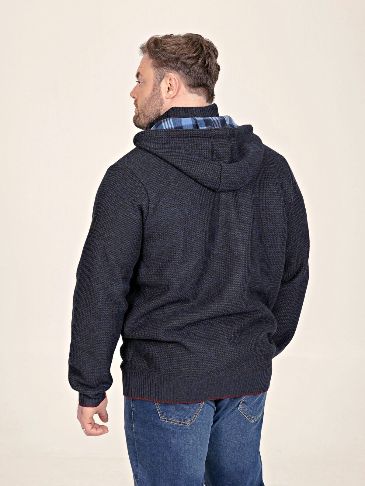 D555 Knitted Hoody with Bonded Fleece Check Lining and Zipped Lower Pockets RUPERT NAVY 802009