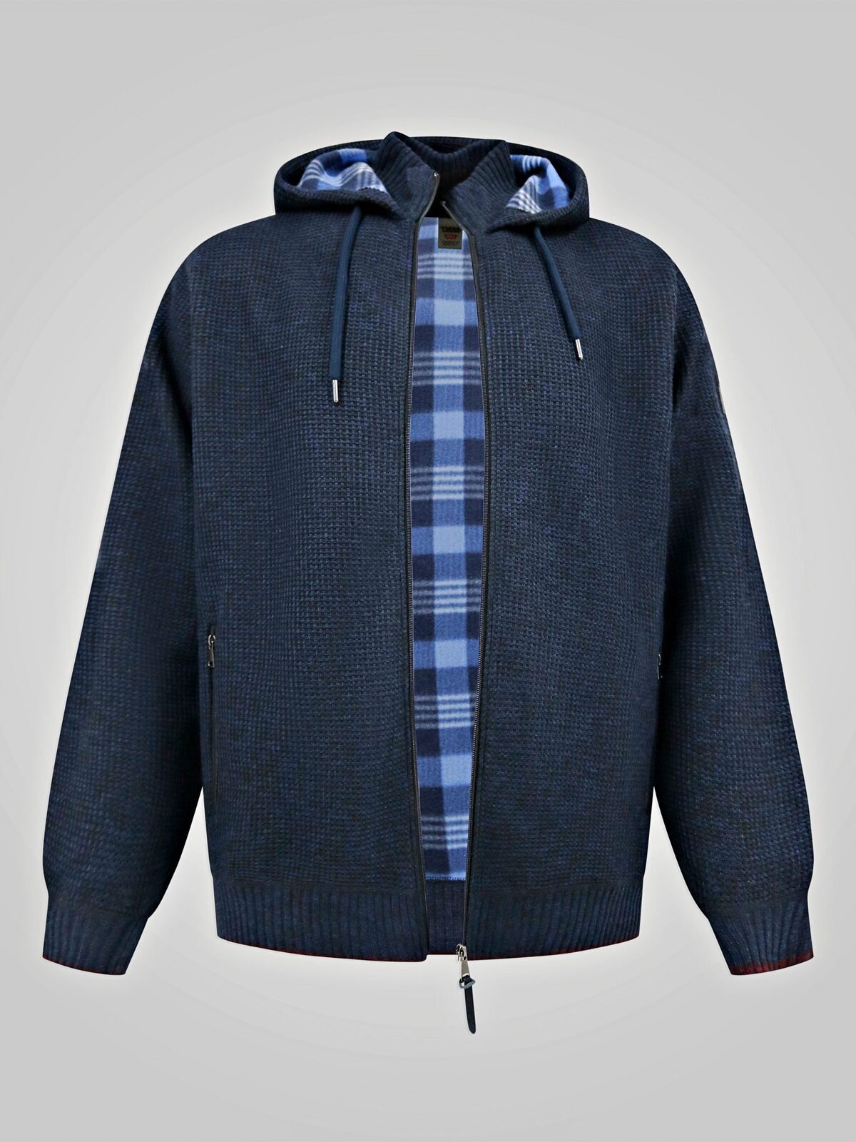 D555 Knitted Hoody with Bonded Fleece Check Lining and Zipped Lower Pockets RUPERT NAVY 802009