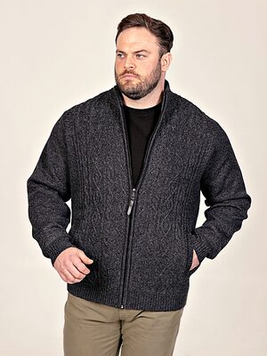 D555 Big Mens Cable Knitted Sweater With Full Zip and Bonded Check Lining EAMON CHARCOAL 802002