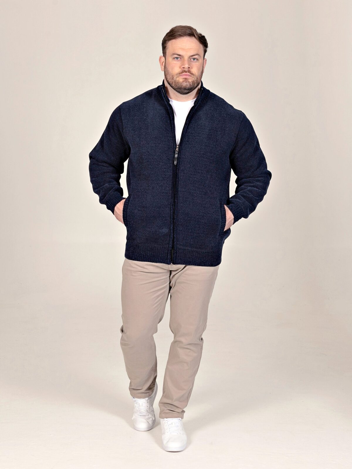2XL to 6XL  D555 Big Mens Cable Knitted Sweater With Full Zip and Bonded Check Lining EAMON CHARCOAL 80200