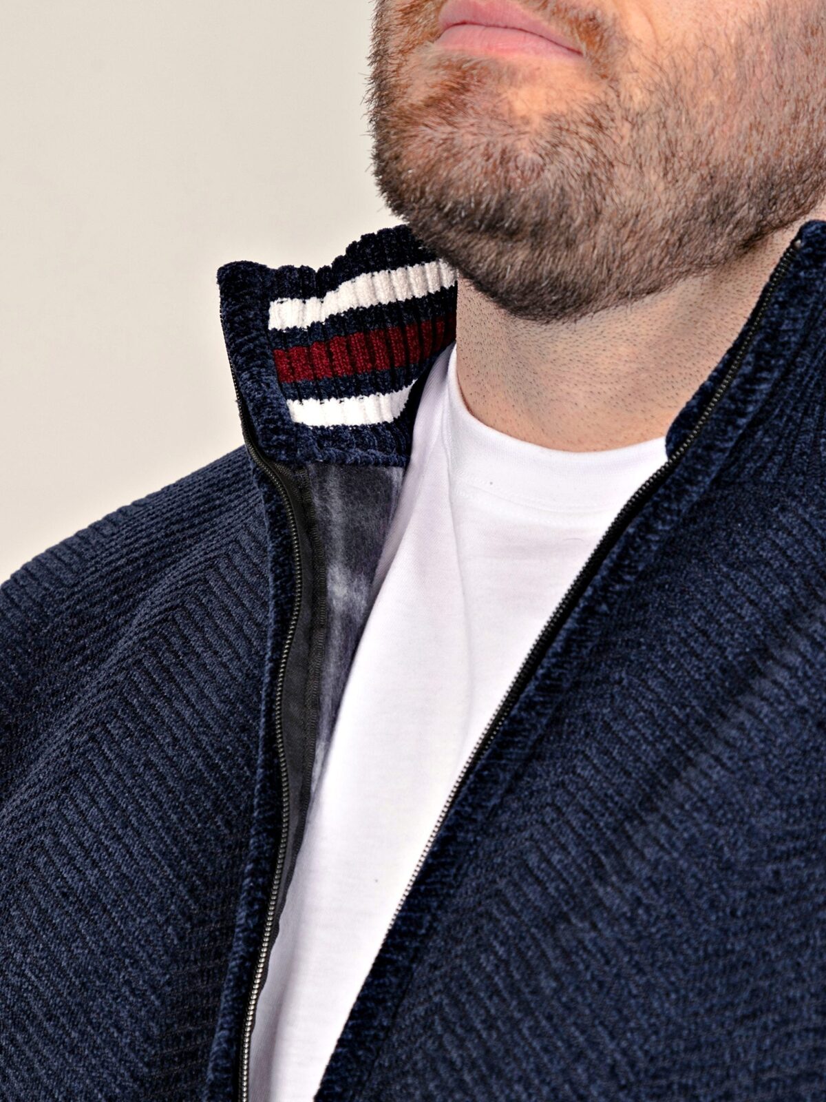 2XL to 6XL  D555 Big Mens Chenille Knitted Herringbone Zip Through Sweater with Bonded Check Lining NAVY TRAVIS 802005